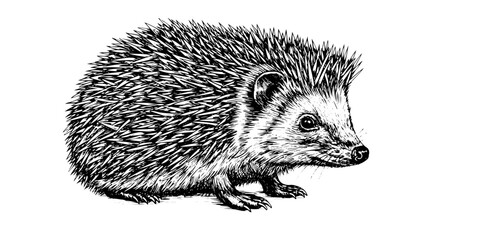 engraving hedgehog, line art vector illustration, isolated on transparent background