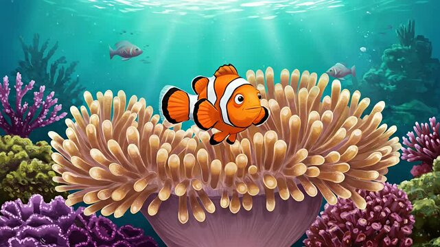 Cartoon clownfish swimming near anemone in a coral reef setting
