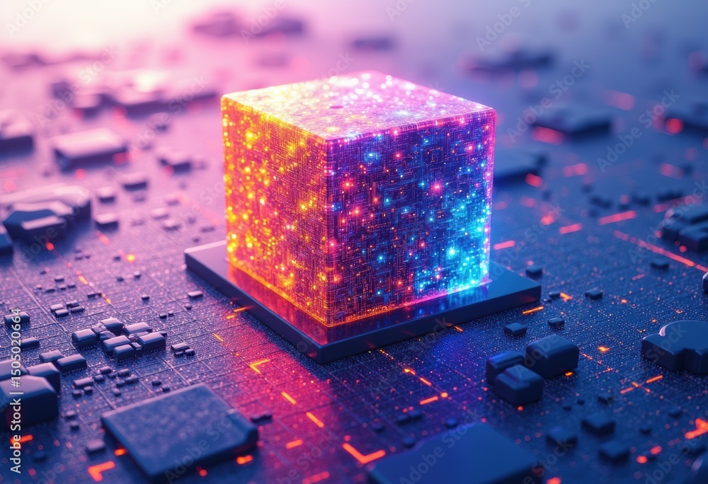 Poster chromatic silicon chips assembling into a vibrant 3-d cube