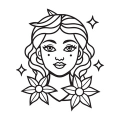 Whimsical Fantasy Lady Portrait with Abstract Floral Elements – Black and White