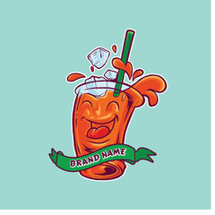 Cheerful Cartoon Beverage Logo with Smiling Face, Straw, and Ice Cubes