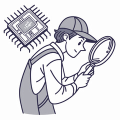 Vector illustration of technician inspecting chip with magnifier, isolated on white background