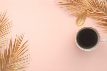 Pastel Pink Background with Coffee Cup and Gold Paperclip – Elegant and Minimalist Workspace Aesthetic