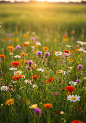 Fototapeta premium A beautiful field of colorful wildflowers in the warm glow of the setting sun.