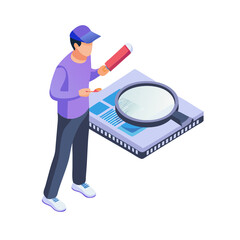 Vector illustration of technician inspecting chip with magnifier, isolated on white background