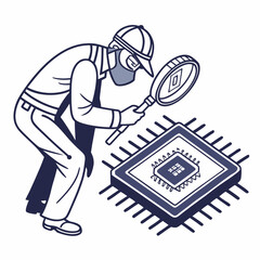 Vector illustration of technician inspecting chip with magnifier, isolated on white background