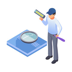 Vector illustration of technician inspecting chip with magnifier, isolated on white background