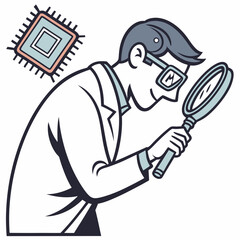 Vector illustration of technician inspecting chip with magnifier, isolated on white background