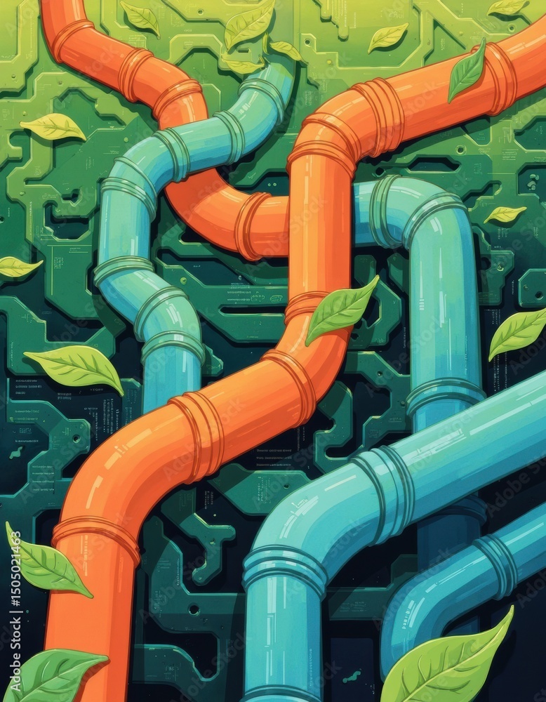 Poster hydroponic pipes creating an abstract circuit maze with vibrant colors