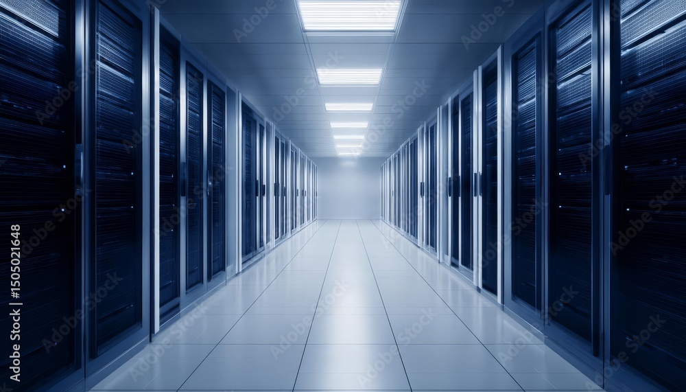 Poster modern data center corridor with rows of servers and bright lights.