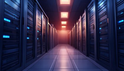 Fototapeta premium Modern data center hallway filled with server racks and lights.
