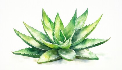 Beautifully detailed watercolor aloe vera plant, painted in a lively and organic artistic style.