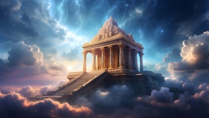 A celestial temple floating among the clouds with beams of light, fantasy and mythology desktop wallpaper backdrop, cinematic HDR vibrant theme colors, promo movie sales poster banner book cover