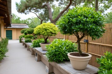 Fototapeta premium Bonsai trees growing in pots on wooden benches near bamboo fence in japanese garden