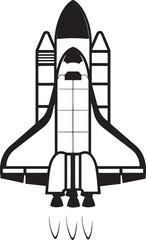 black and white logo icon of a retro rocket ship taking off with plumes of smoke underneath. icon black vector illustration