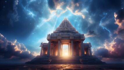 A celestial temple floating among the clouds with beams of light, fantasy and mythology desktop wallpaper backdrop, cinematic HDR vibrant theme colors, promo movie sales poster banner book cover