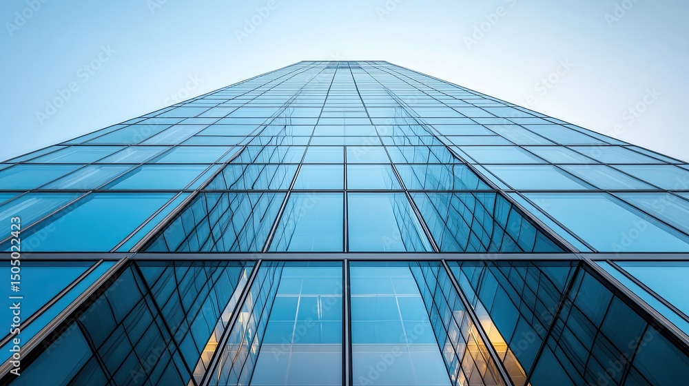 Poster low angle view of a modern glass skyscraper reflecting the sky with a grid pattern facade design