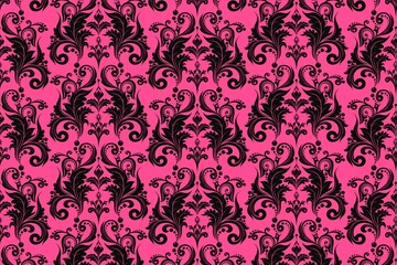 Seamless pattern with black and pink floral ornament in baroque style for wallpaper, background, textile, card, fabric, decoration, print, etc. Ornate damask flower ornament.