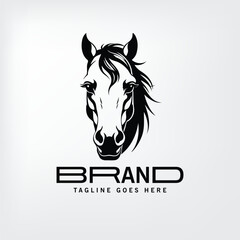 Black and white horse head logo design. Front view of horse head in stylized graphic design.