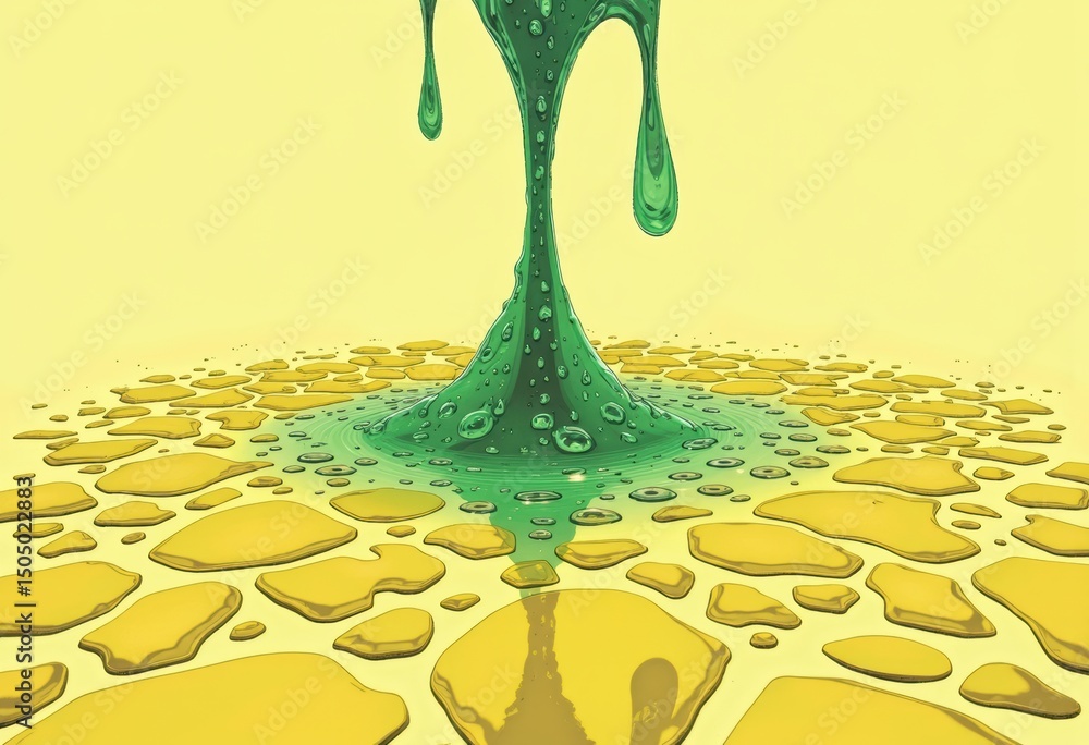 Poster liquid chrome droplets transforming into intricate grid patterns on a vibrant background