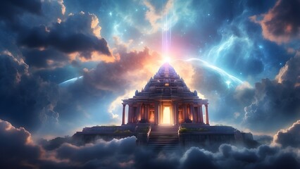 A celestial temple floating among the clouds with beams of light, fantasy and mythology desktop wallpaper backdrop, cinematic HDR vibrant theme colors, promo movie sales poster banner book cover