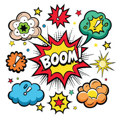 Cartoon comic sign burst clouds. Speech bubble, boom sign expression and pop art text frames. Comics mem expressions speech, superhero book bubbles label. Isolated vector symbols set 