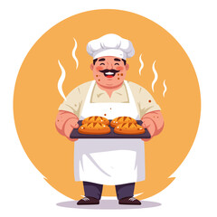 Smiling Baker Holding Fresh Baked Bread on Tray in Kitchen