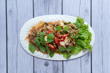 spicy minced pork salad, minced pork mash with spicy, Thai food