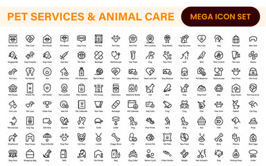 Pet Services and Animal Care Icon Set &ndash; Minimal Line Vector Illustrations for Pet Sitting, Grooming, Veterinary, Training, and Animal Health Projects