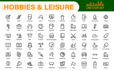 Creative Hobbies and Leisure Icons &ndash; Clean Outline, Line Art, Vector Illustrations for DIY Crafts, Outdoor Fun, Entertainment, and Recreation Projects