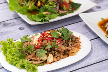 spicy minced pork salad, minced pork mash with spicy, Thai food