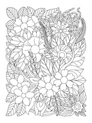 Fototapeta premium Black and white flower pattern for coloring. Doodle floral drawing. For adult and kids. Doodle floral drawing. Art therapy coloring page. Coloring Flower Page.