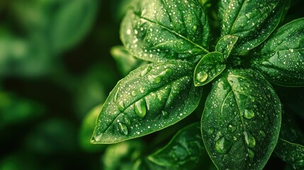 Dew-Kissed Basil Leaves Close Up: Lush Green Foliage