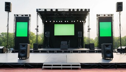 Massive stage with a green screen backdrop and speaker system ready for performance or production.