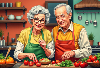 Grandparents teaching salad preparation while smiling at the viewer
