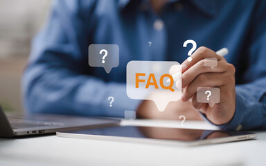 FAQ - Frequently asked questions on social networks concept. Businessman touch FAQ icon. Q&A questions and answers to customer help, support tool provide guidance to improve user experience online