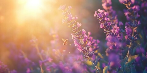 Obraz premium Bees buzzing over vibrant lavender flowers as the sun