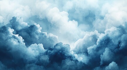 A dramatic, ethereal seascape of swirling, textured clouds in shades of deep blue and white, suggesting a vast, atmospheric expanse