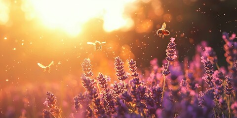Bees buzzing over vibrant lavender flowers as the sun