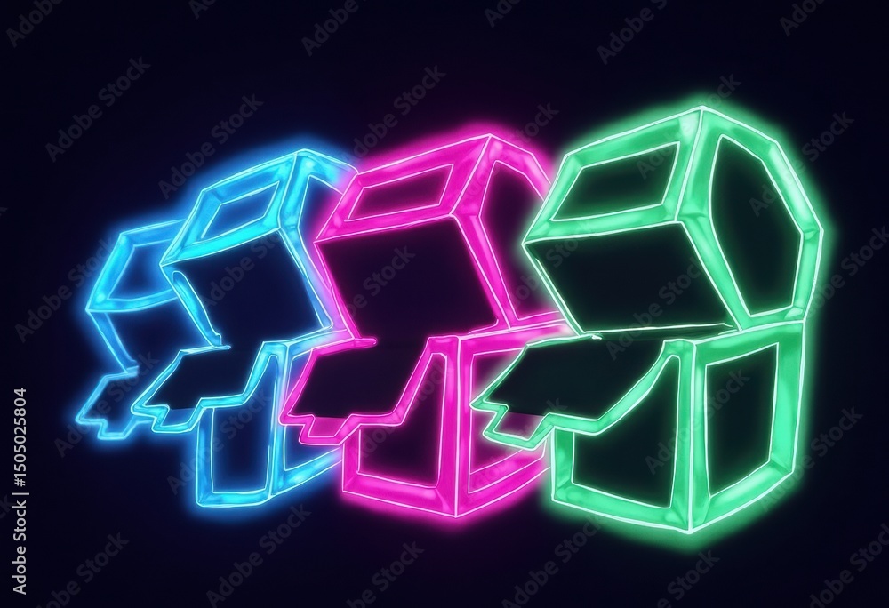 Poster neon outlines of rotating open trunks in vibrant colors on a black background