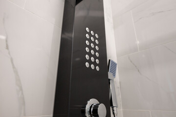 A sleek, modern shower panel features a dark finish and multi-jet system with silver accents,...