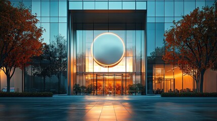 Modern glass building with a large circular feature and autumn trees at the entrance area outside
