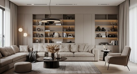 Modern Beige Living Room with Built in Shelving and Subtle Lighting