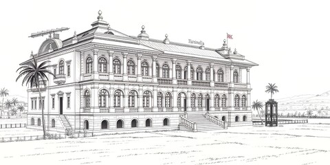 Elegant Colonial Mansion Architectural Drawing Sketch Tropical Landscape Design