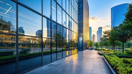 Urban landscape featuring modern architecture with glass facade and surrounding greenery at dusk time