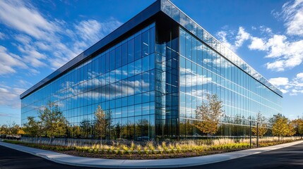 Obraz premium Exterior view of a modern glass office building reflecting a cloudy blue sky during the daytime