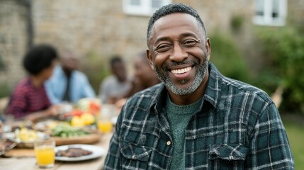 A happy senior man smiles outdoors.