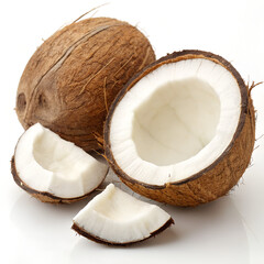 Whole and Sliced Coconut on White Background