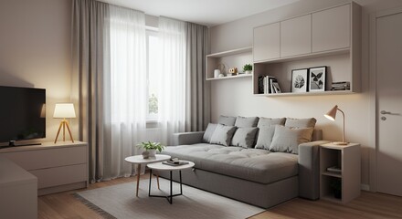 Fototapeta premium Modern Apartment Living Room with Grey Sectional Sofa and Built in Shelving