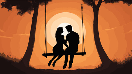 Silhouette of couple sitting on swing against sunset background  
